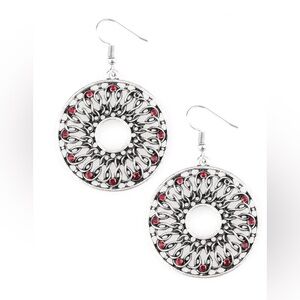 Silver and Red rhinestones circle earrings.